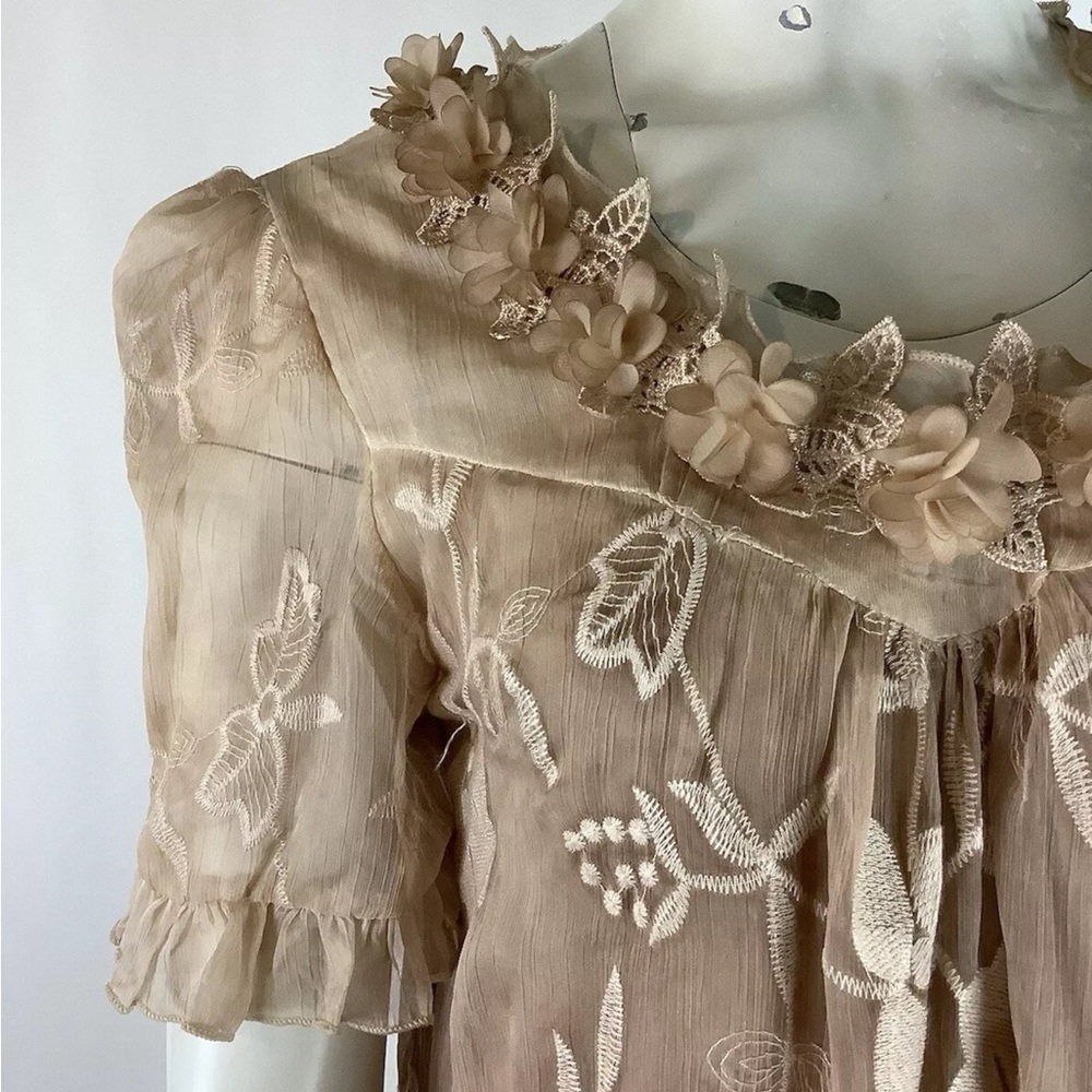 Pretty Angel Sz S Chiffon Babydoll Embroidered Floral Dress Brown Silk Blend - Picture 3 of 7